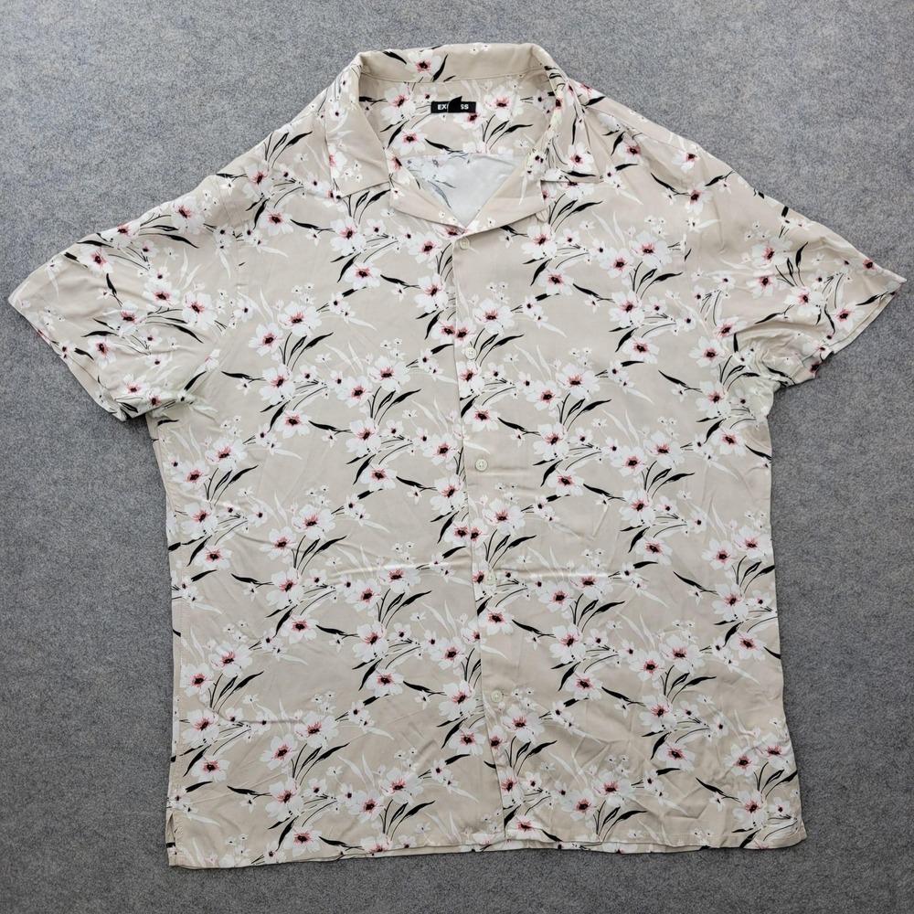 Express Shirt Mens Large Beige Floral Rayon Button Front Short Sleeve Tropical
